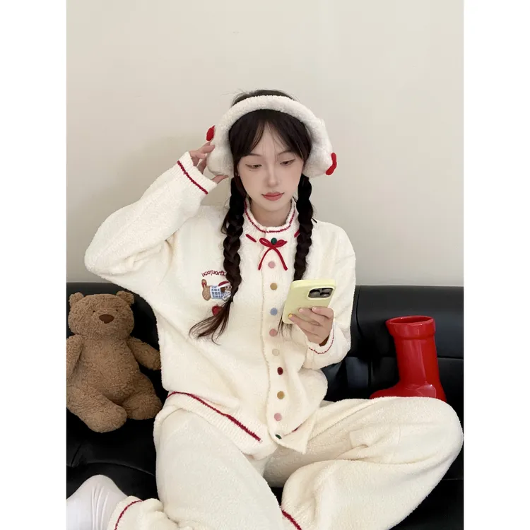 甜美可爱软萌腊肠狗半边绒睡衣女秋冬新款加厚保暖家居服套装外穿