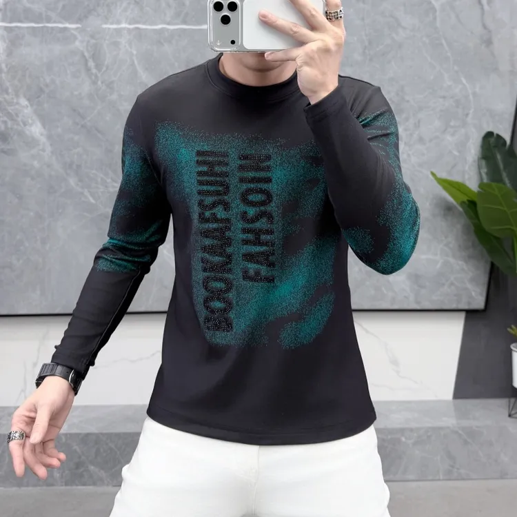 男士秋冬磨毛款自发热保暖时尚烫钻打底衫长袖卫衣圆领T恤