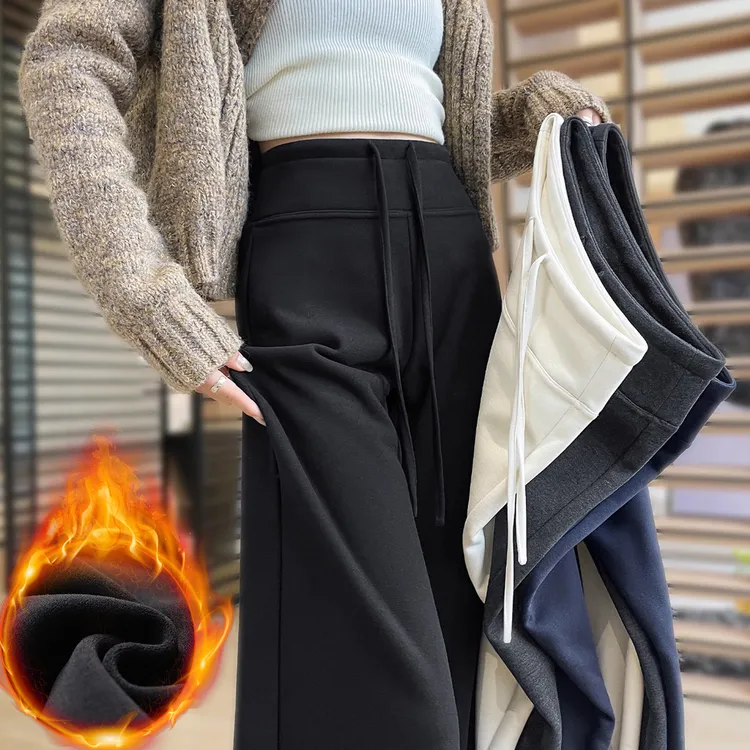 黑色羊毛糯米裤女秋冬加绒加厚2025窄版宽松休闲直筒阔腿面膜裤子