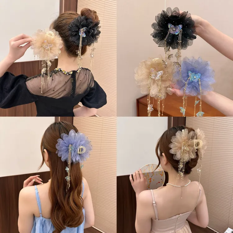 【流苏吻花】春夏新款流苏蝴蝶网纱花朵抓夹气质百搭显发量鲨鱼夹商品图