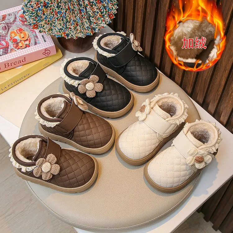 PORO年儿童冬季加绒女宝宝蕾丝边公主小皮靴软底休闲学步鞋保暖靴