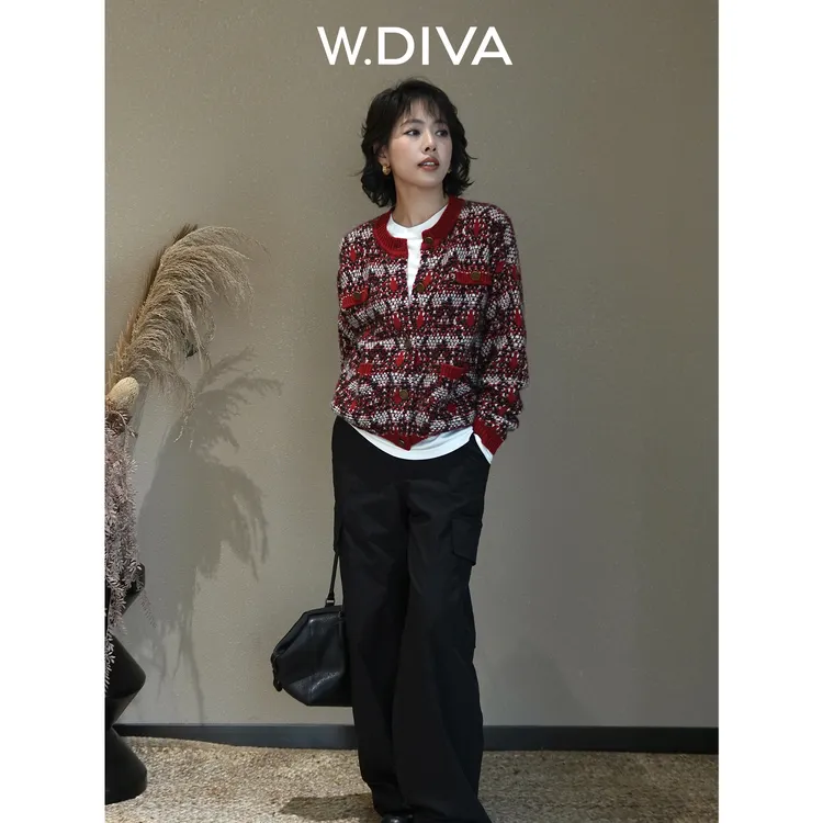 W.Diva【金扣红织】100%活挠羊绒小香风法式夹花开衫外套54Z072830