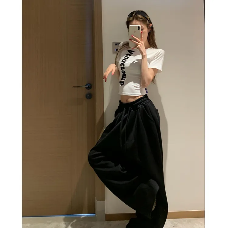 Two Million/反差感穿搭套装 刺绣正肩t恤女拖地阔腿裤两件套