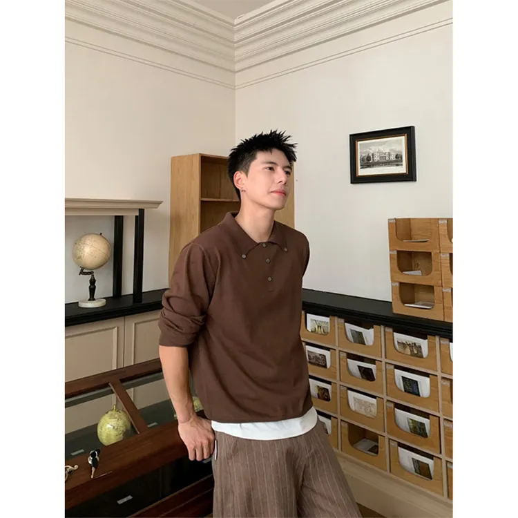 老钱风新贵咖色长袖POLO衫上衣男秋季cleanfit翻领基础内搭打底衫