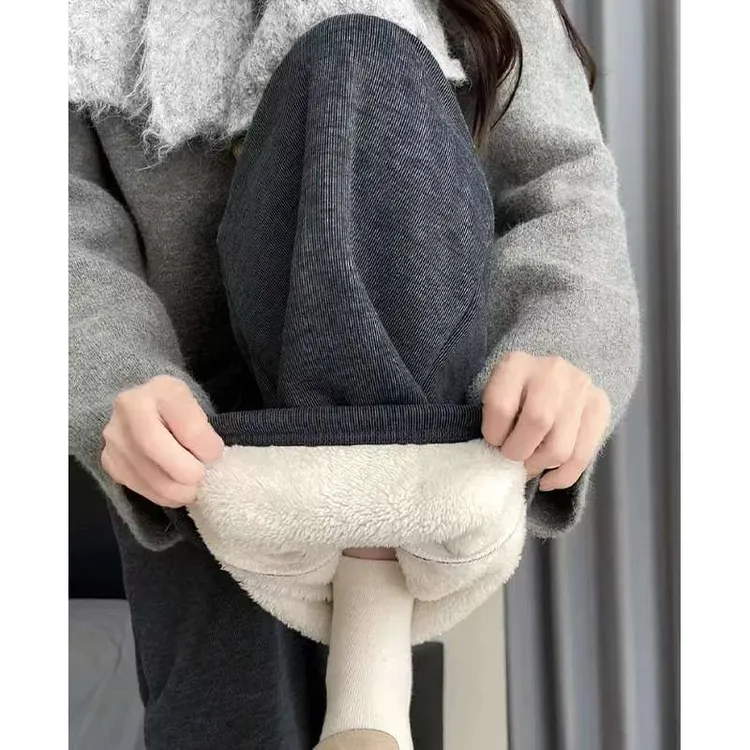 【现货秒发】秋冬女加绒加厚糯米阔腿裤棉麻慵懒风裤子羊绒阔腿女裤
