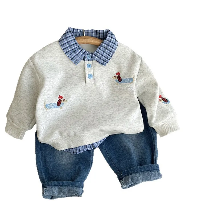男童春秋新款休闲套装0-1-2-3-4岁儿童洋气拼接卫衣宝宝牛仔裤XHB