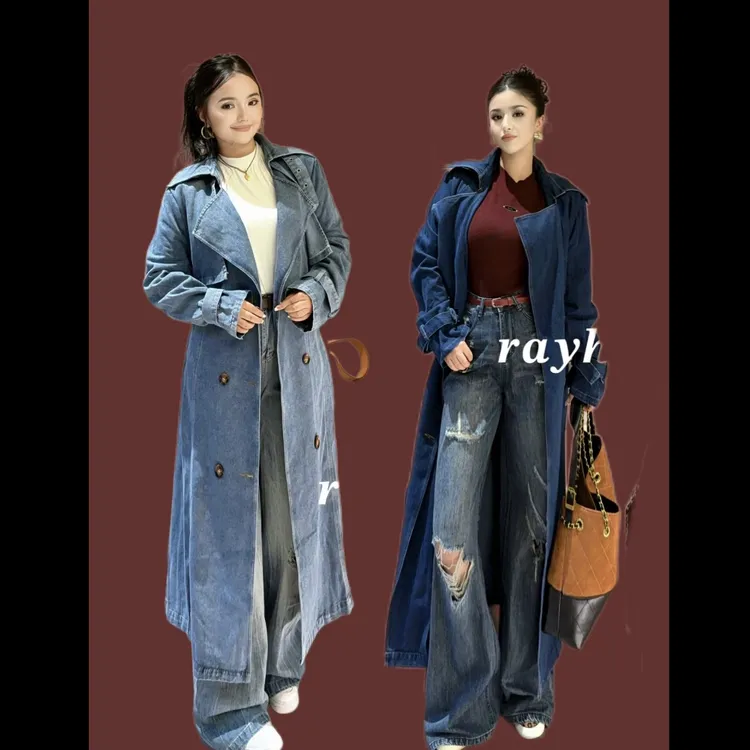 Rayhon欧美潮流个性复古显高长款女士牛仔风衣外套秋季新款