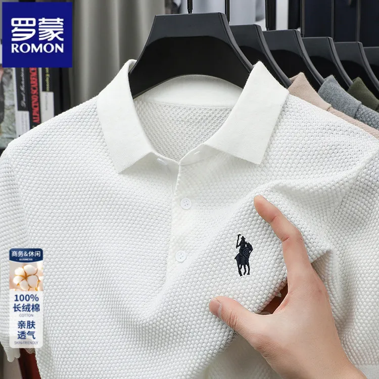 罗蒙夏季纯棉新款Polo衫男士短袖宽松耐磨上衣中青年精美刺绣翻领