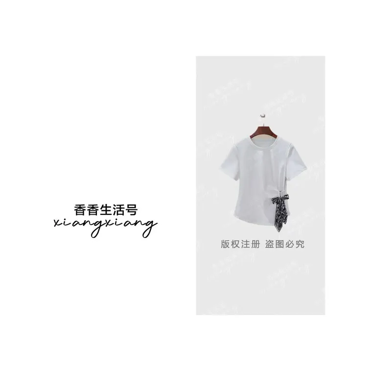【香香严选】2025新款设计感气质丝巾绑带收腰褶皱短袖T恤-25252 ff