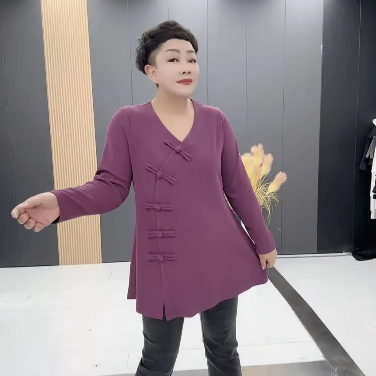 2571-BBWY大码新款连v领休闲百搭中长款上衣