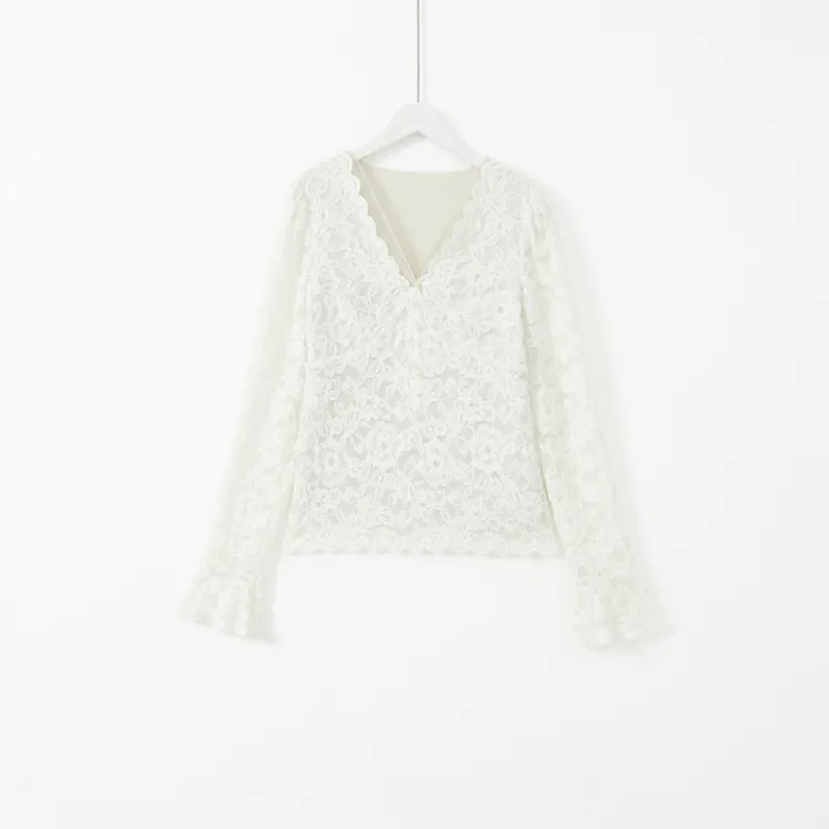 几里与麻 法式提花刺绣V领蕾丝喇叭袖上衣 衣长53胸围86 2120942