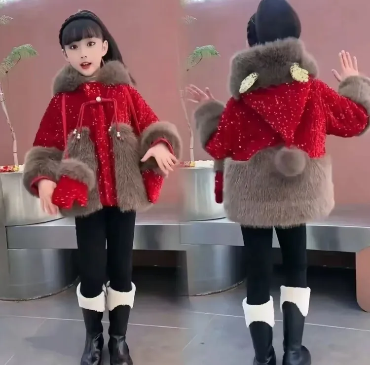 【拜年服送手套加绒加厚】女童毛毛外套新款女宝宝加绒加厚外套