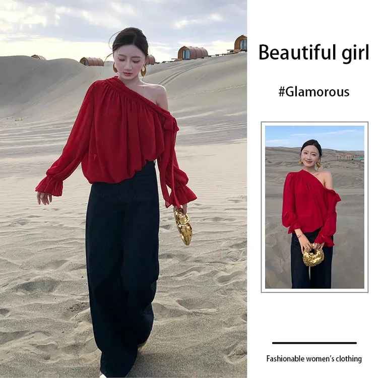 轻熟风时尚套装女初秋新款设计感露肩衬衫上衣牛仔裤长裤两件套