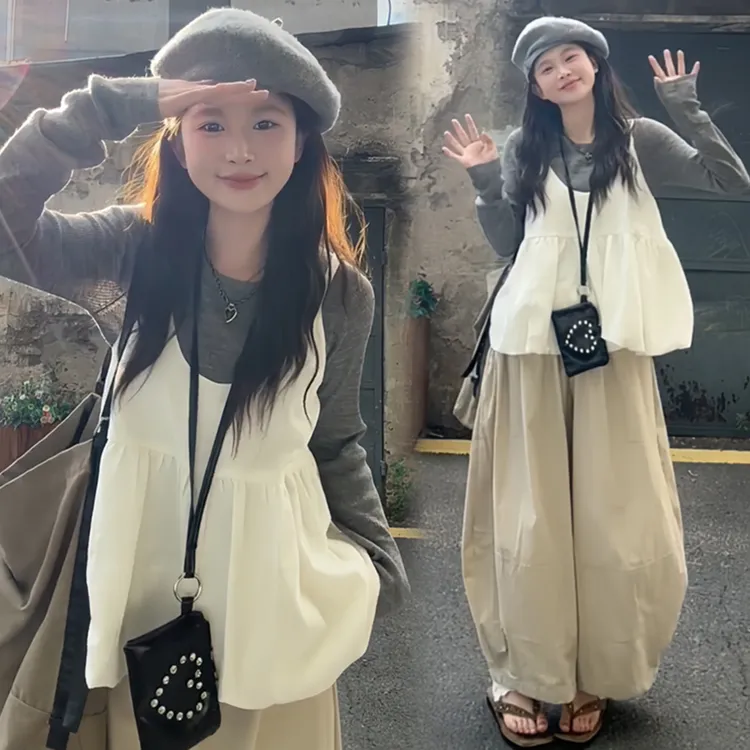 秋季孕妇装韩版显瘦洋气早秋韩系上衣+花苞吊带+孕妇阔腿裤三件套