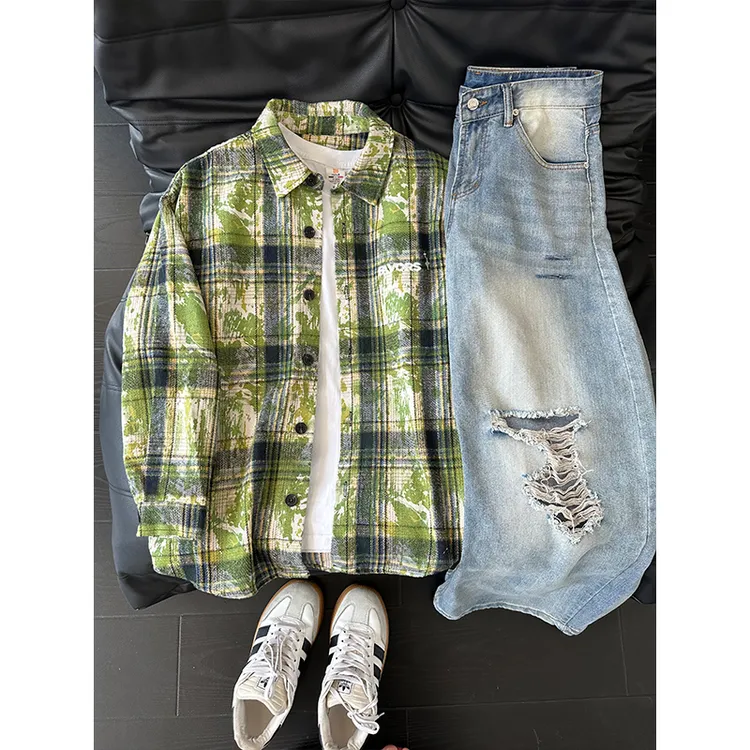 美式复古绿色扎染衬衫男款春季磨毛长袖衬衣高级感格子情侣装外套
