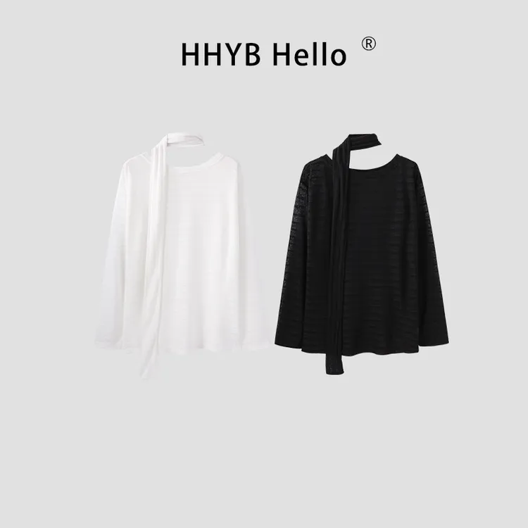 HHYB Hello2025宽松飘带设计长袖T恤薄款镂空针织防晒罩衫250606