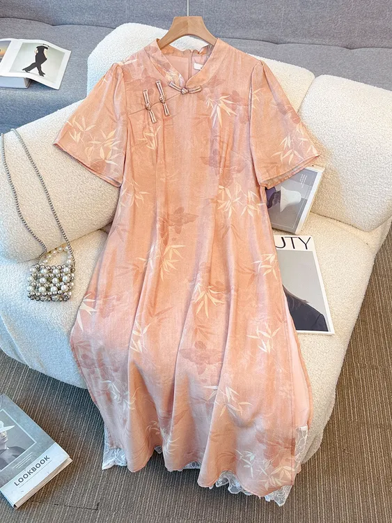 YH-66915大码女装胖mm夏新款新中式复古改良旗袍连衣裙日常优雅