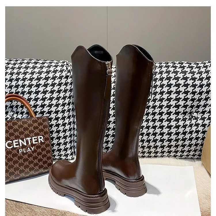 秋冬加绒美拉德高筒靴2025新款小个子增高后拉链长筒靴不过膝长靴