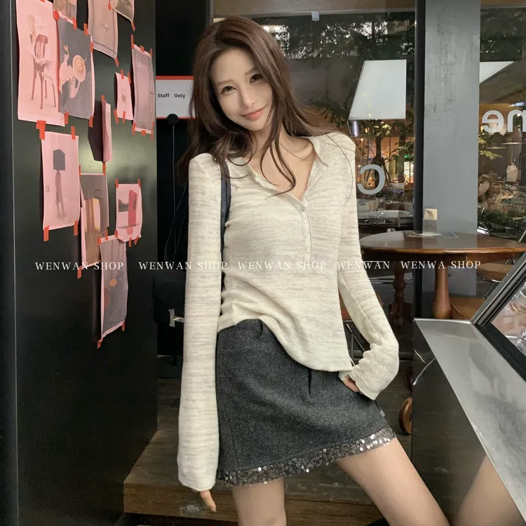 【bc恋人】法式半开领亮片长袖内搭设计感打底衫