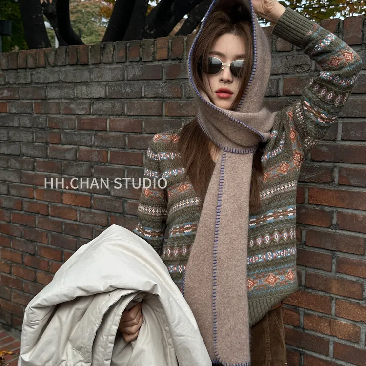 HH.CHAN“1米8”山羊绒&羊毛拉绒手工刺绣高级棕超长围巾HH5538927