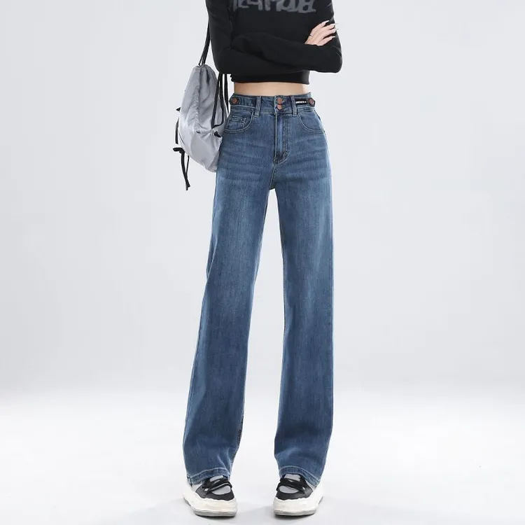 夏箐萝 蓝色阔腿牛仔裤女秋季新款复古小个子宽松直筒裤子女H6027
