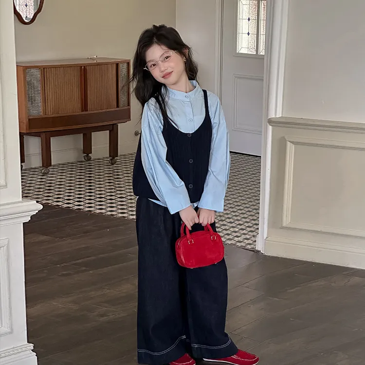 女童套装春秋2025新款韩版儿童衬衫背心牛仔裤三件套宝宝潮流秋装