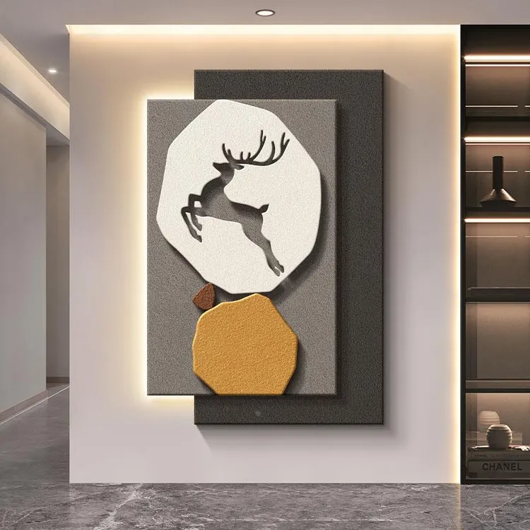 侘寂风入户玄关装饰画福鹿石来运转过道走廊尽头挂画立体砂岩壁画