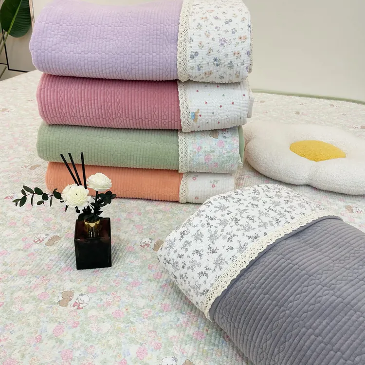 【韩系】轻奢纯色宝宝绒全棉花边床盖 多功能 双面 保暖 两用