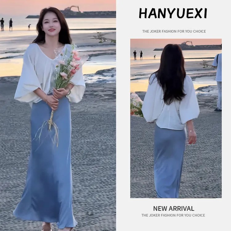 夏季穿搭一整套女2025新款法式V领蝙蝠袖衬衫气质半身裙两件套潮