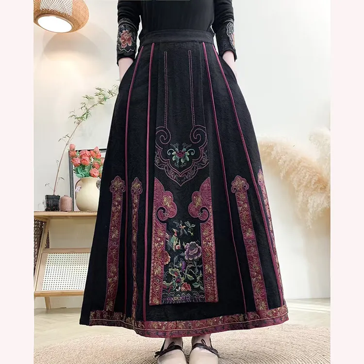 【锦绣江南】春秋冬新款松紧腰大码显瘦半身裙民族风刺绣棉麻半身裙