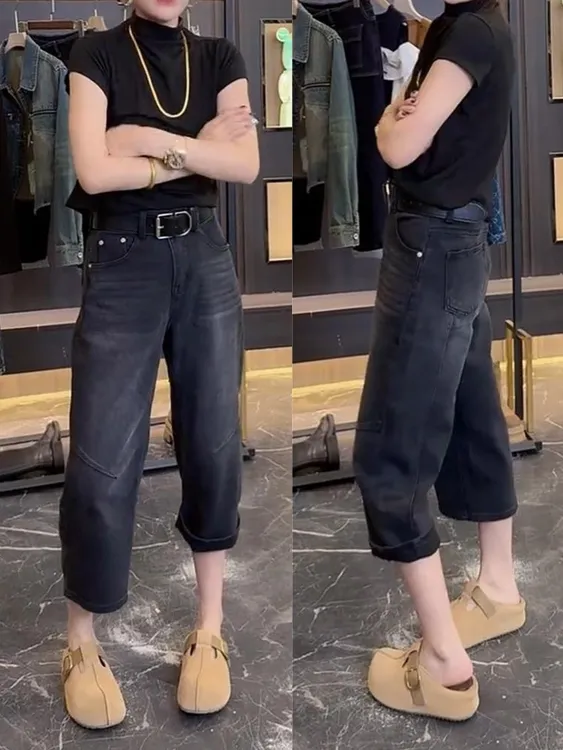 黑灰色九分直筒牛仔裤女2025早秋新款宽松大码胖mm显瘦窄版阔腿裤