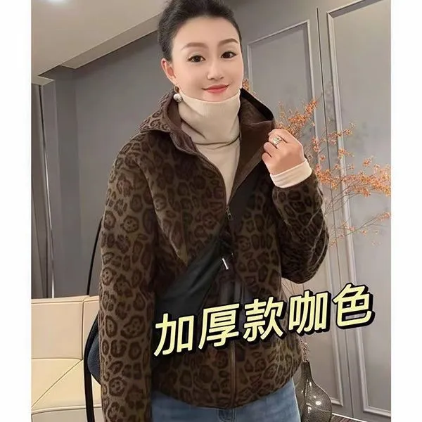 2025冬季新款韩版休闲加绒加厚豹纹连帽外套女显瘦百搭保暖上衣潮