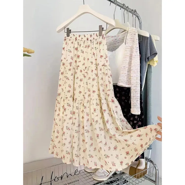 早秋碎花垂感半身裙大摆裙遮胯百褶伞裙气质百搭高腰显瘦女半身裙