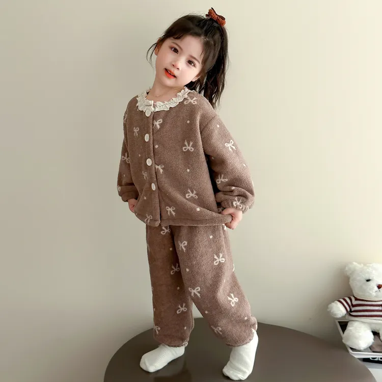 女童睡衣法兰绒秋冬季2025新款女孩花边小香风加厚保暖长袖两件套