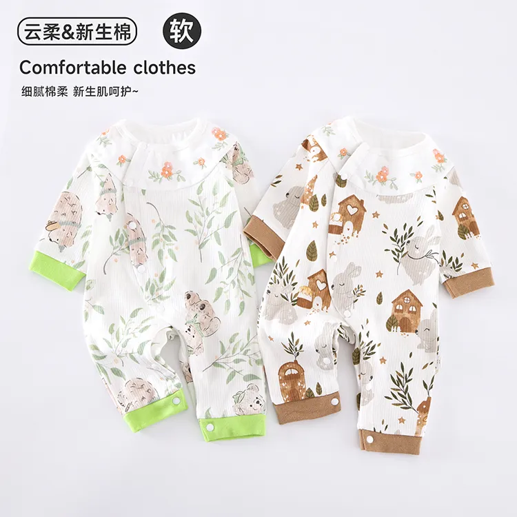 新生儿偏襟衣服连体衣柔软纯棉婴儿四季款可爱宝宝爬服护肚7999