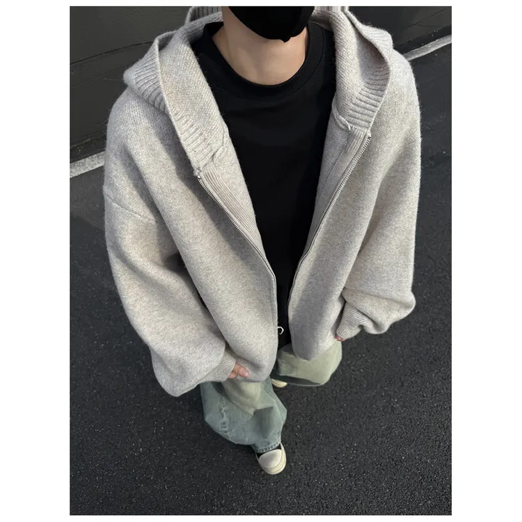 美式纯色连帽开衫毛衣男女同款秋冬宽松老钱风复古针织衫百搭外套