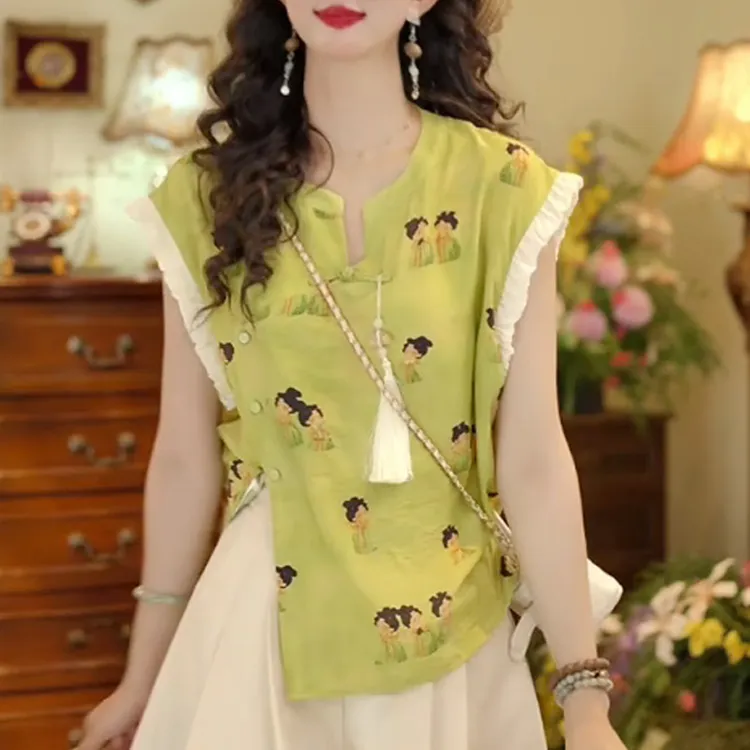 新中式国风2025夏款百搭无袖衬衫国风印花宽松显瘦上衣