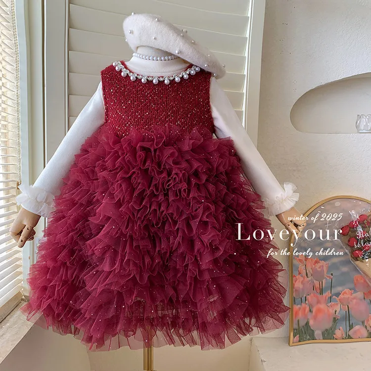 女童连衣裙套装冬款2025加绒打底无袖加绒蛋糕生日连衣裙两件套