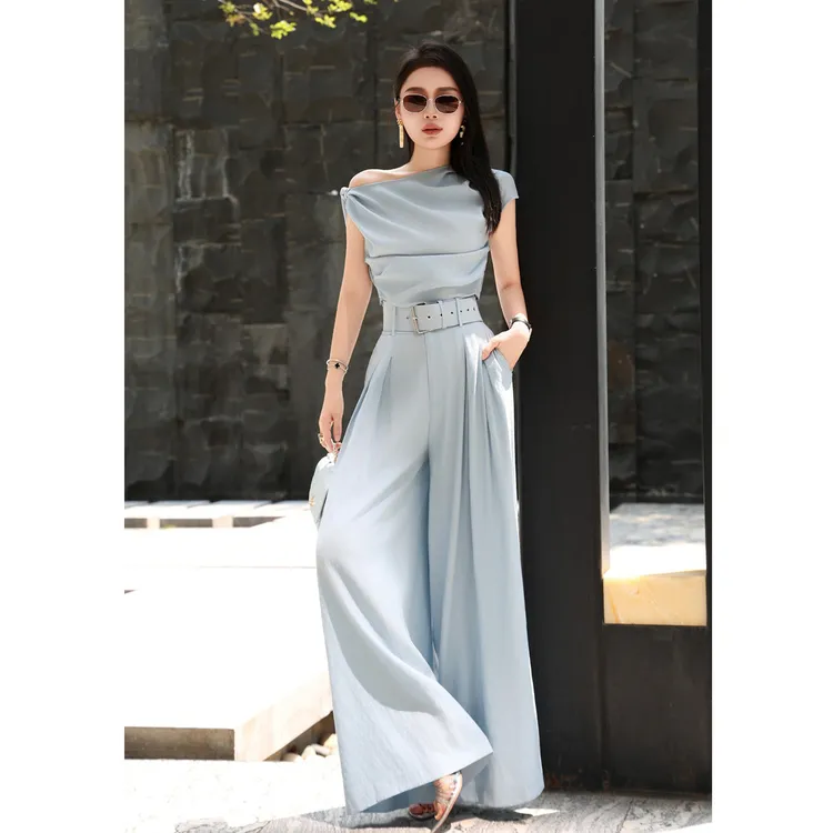 欧洲站女装时尚单肩露肩抽褶短上衣阔腿裤名媛女神范套装两件套夏