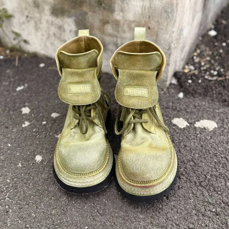 力SF原创纯手工女鞋意大利复古水洗马皮百搭天空蓝马丁靴男女同款