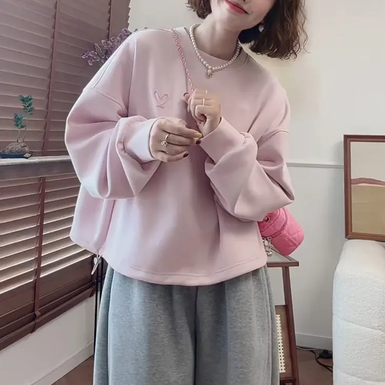长袖卫衣女2025春秋新款韩版宽松灯笼袖气质减龄漂亮套头粉色上衣