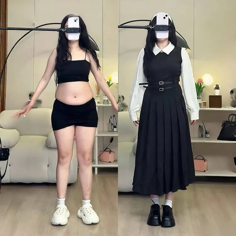 梨型身材连衣裙女2025秋季新款微胖mm显瘦遮肚大码假两件a字长裙