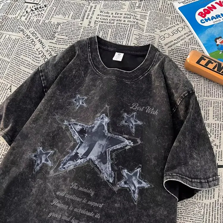 加大码300斤高街ins风潮流水洗做旧纯棉短袖男女夏季宽松百搭T恤