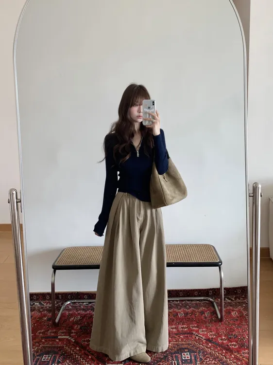 秋装搭配一整套茶系穿搭高级感长袖T恤宽松阔腿裤两件套装女秋季