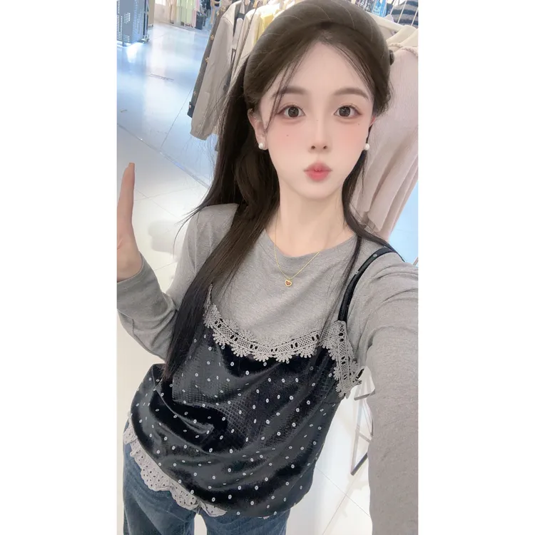 6690蕾丝边丝绒两件套