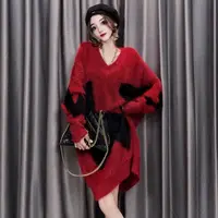 毛衣W图长款宽松提花套头韩版加厚时尚慵懒风秋冬水貂毛大码女装