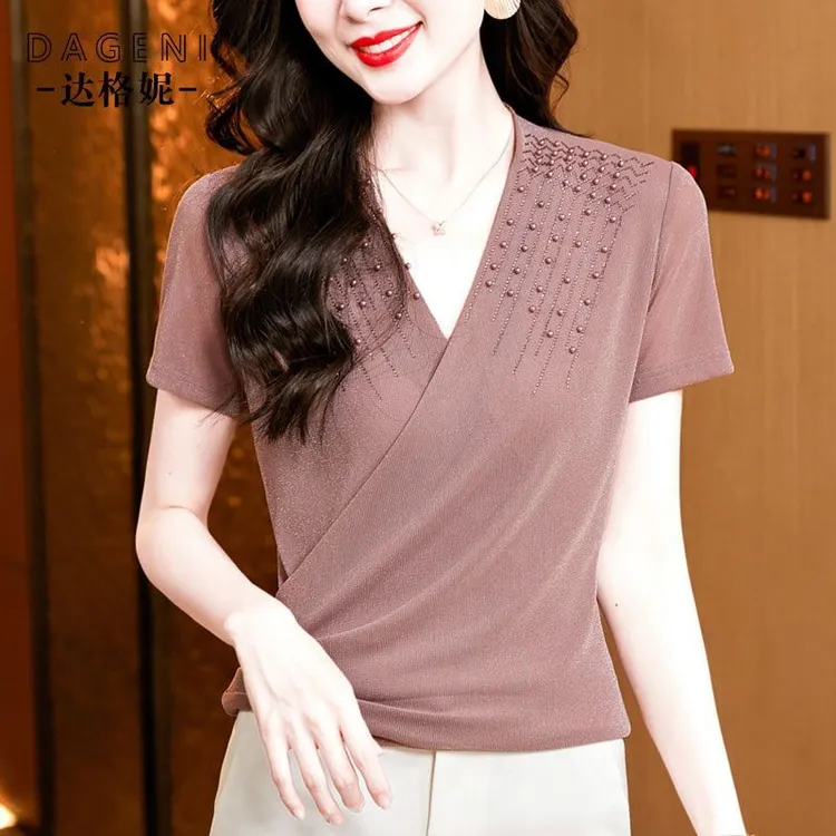 交叉V领钉珠网纱短袖t恤女2025夏季新款亮丝烫钻小衫洋气蕾丝上衣