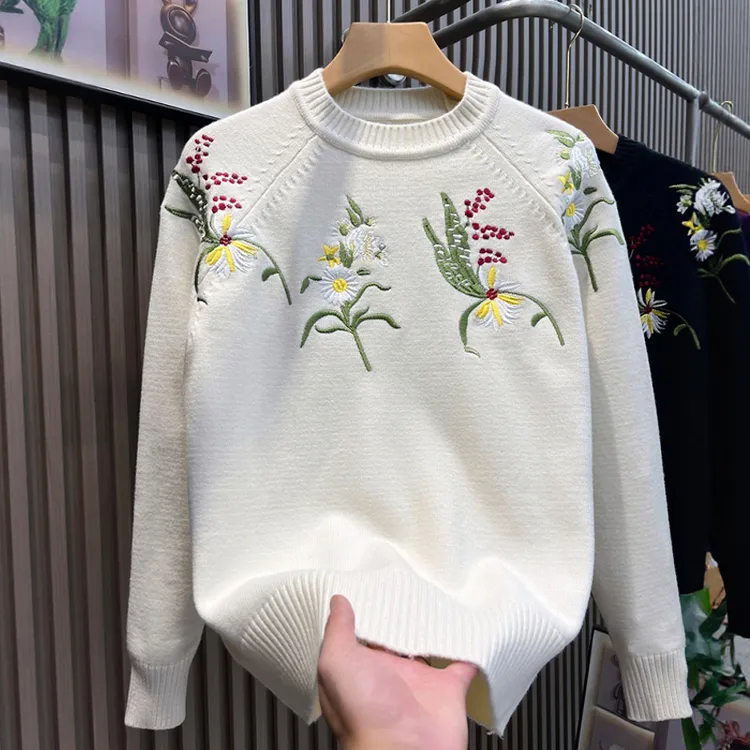 秋冬新款潮流毛衣男新中式国风植物花卉刺绣针织衫休闲长袖打底衫