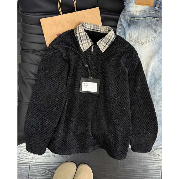 美式复古假两件拼接格纹领卫衣男秋冬加绒保暖高级感痞帅针织外套