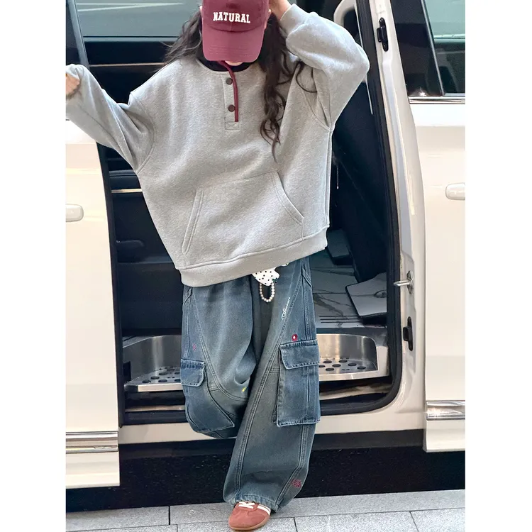 K30230孙小美撞色女童连帽卫衣2025秋冬新款大童儿童加绒加厚上衣